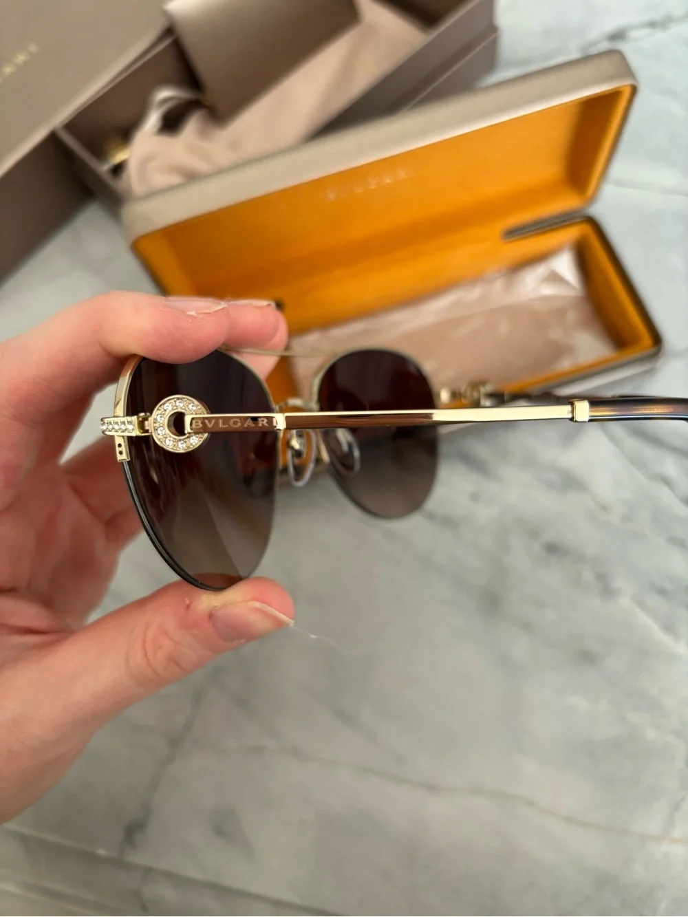 Bulgari Gold Frame Sunglasses with Brown Gradient Lenses and Black Temple Tips